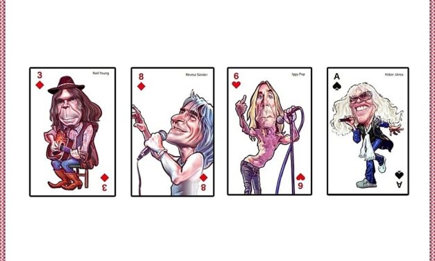 Rocktörténeti francia kártya Tónió karikatúráiból